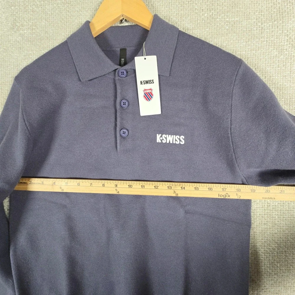 K-Swiss Mens Long Sleeve Polo Sweater Size‎ Small Purple Knit Big Logo NWT